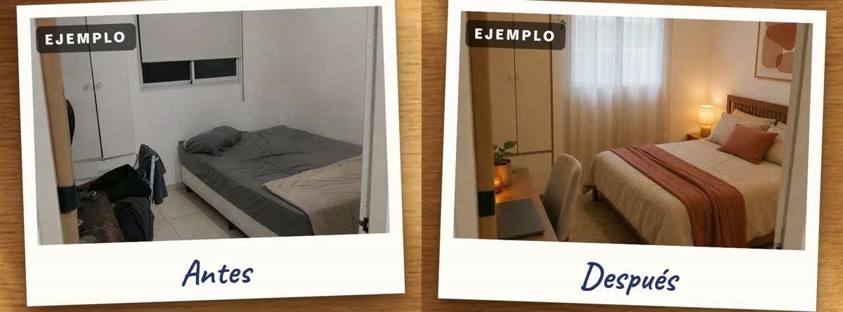 Dos fotos tipo polaroid del mismo dormitorio, las dos rotuladas Ejemplo: Antes, con una cama con sábanas grises, un placard blanco, una persiana y ropa sobre una silla; Después, con cama de madera, manta terracota, lámpara encendida, cortinas livianas, planta y un cuadro abstracto