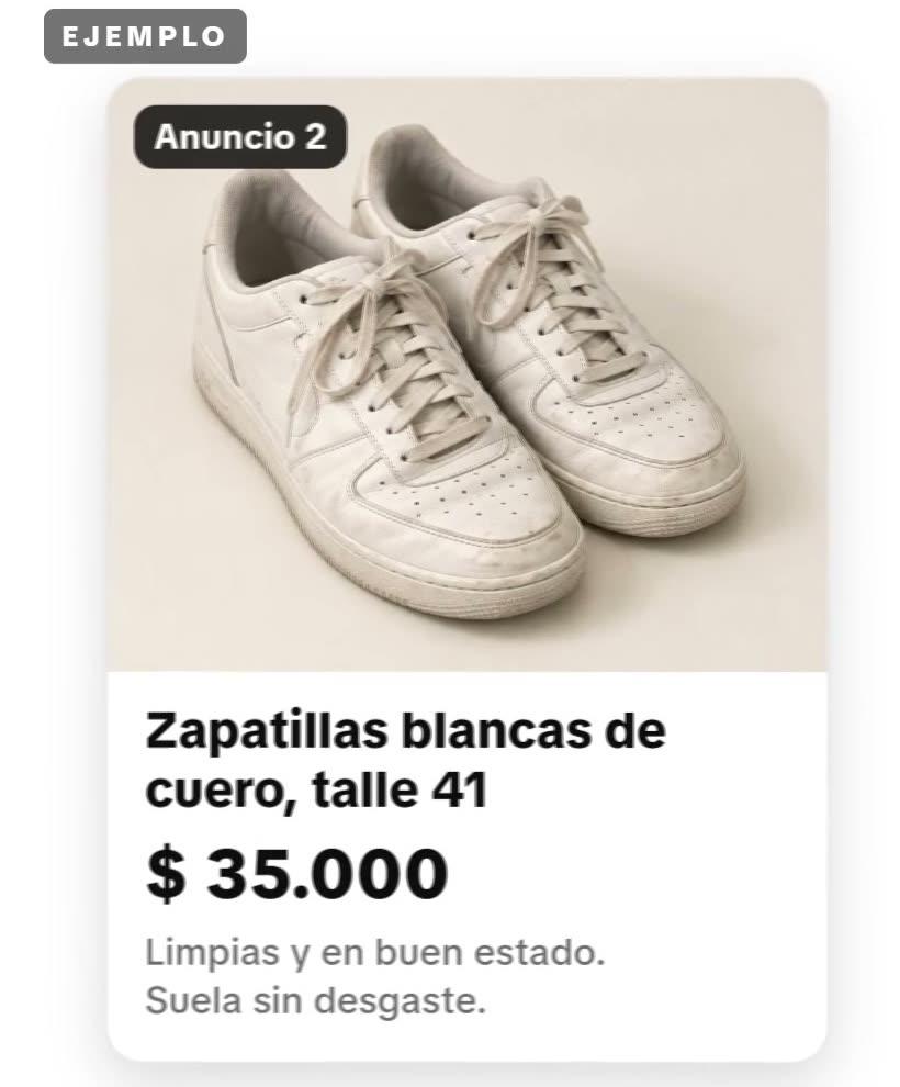Ejemplo recreado: el anuncio de unas zapatillas blancas de cuero talle 41, con la foto, el precio y una descripción corta sobre el estado