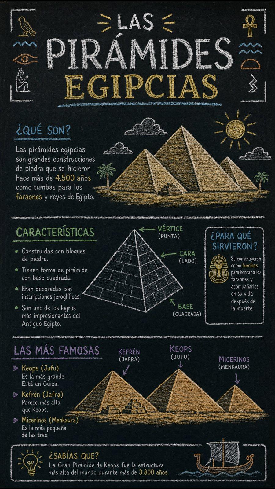 Pizarra negra dibujada a tiza sobre las pirámides egipcias, con secciones sobre qué son, sus características y las tres más famosas