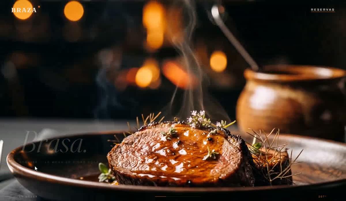 Sitio Braza: un corte de carne humeante en un plato oscuro, con luces cálidas desenfocadas de fondo y el botón de reservas arriba