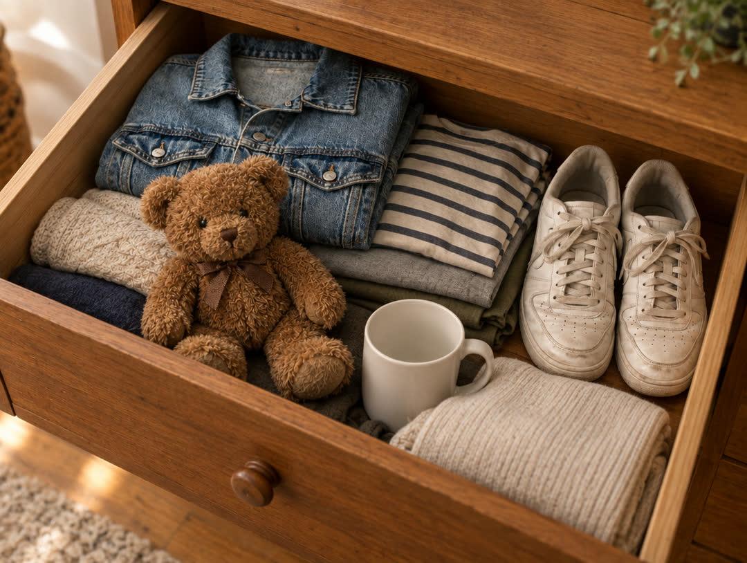 Un cajón de madera abierto con ropa doblada, una campera de jean, un osito de peluche, una taza blanca y unas zapatillas blancas guardadas sin usar