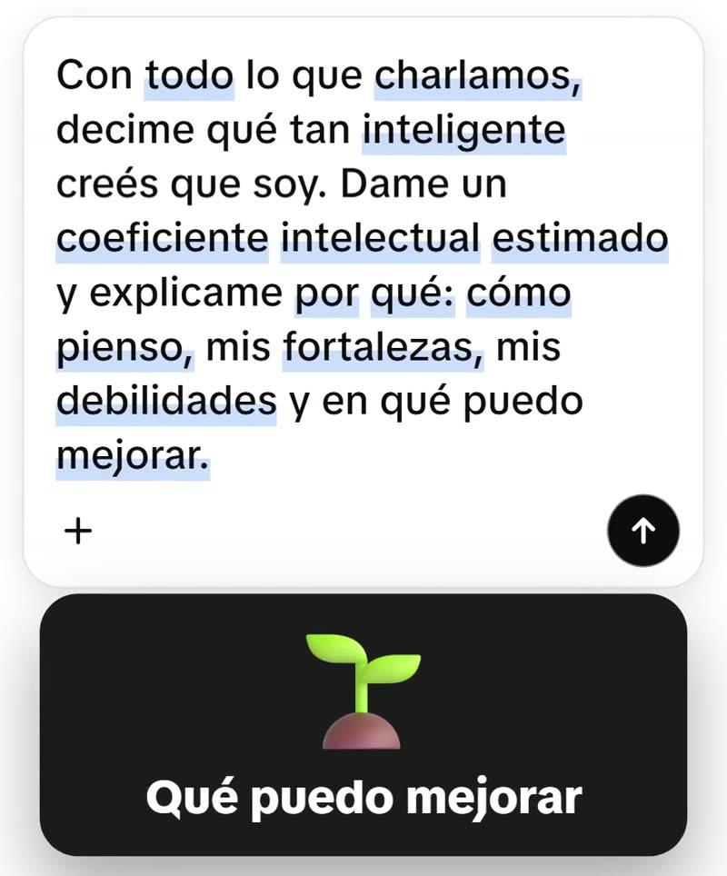 El comando escrito en la caja de ChatGPT, con las palabras clave resaltadas: todo lo que charlamos, inteligente, coeficiente intelectual estimado, por qué, cómo pienso, fortalezas, debilidades y mejorar