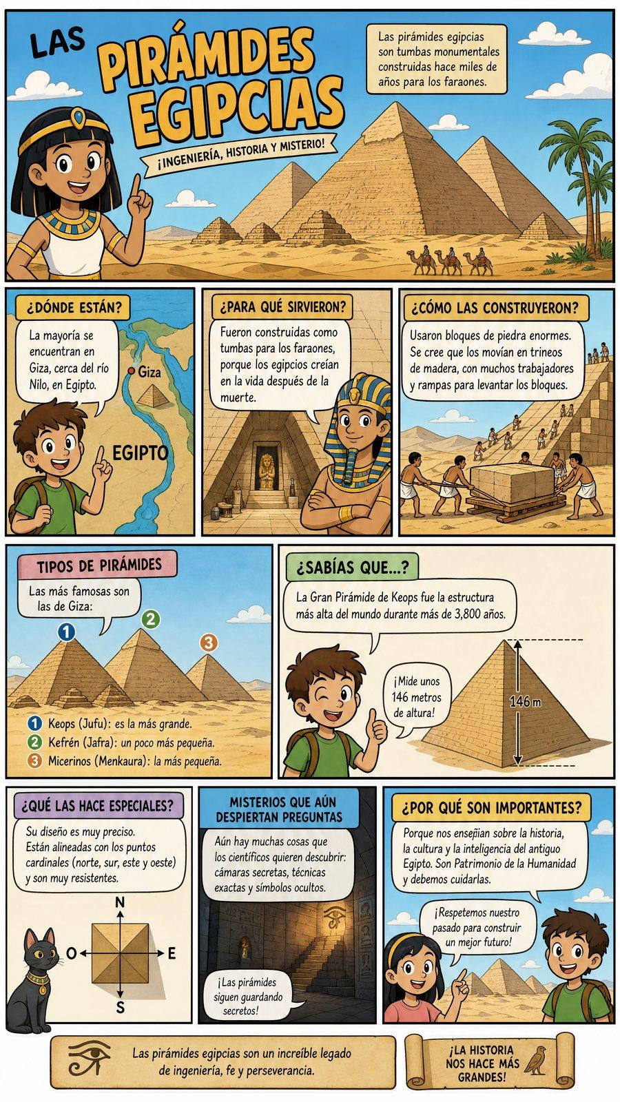 Página de historieta sobre las pirámides egipcias con viñetas sobre dónde están, para qué sirvieron, cómo las construyeron y por qué son importantes