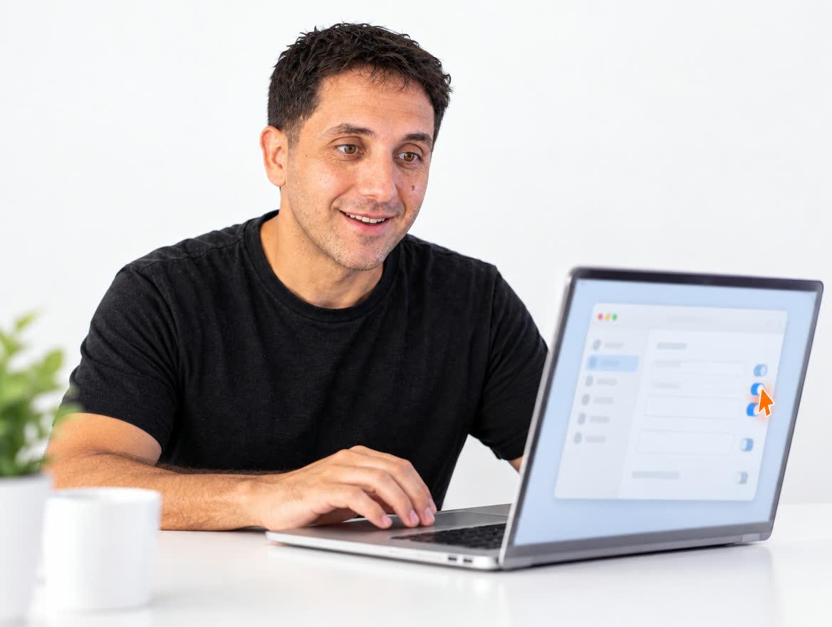 Pablo sentado frente a una laptop en un estudio blanco, configurando una app: en la pantalla hay una ventana de ajustes con interruptores y un cursor naranja