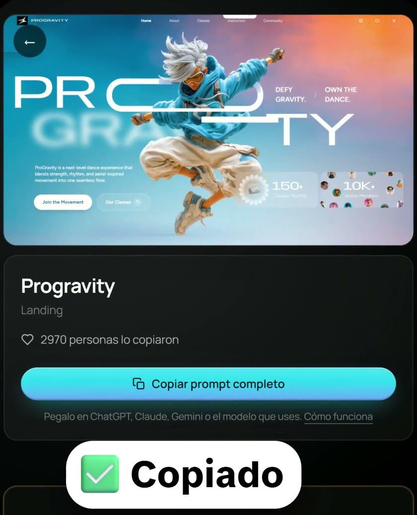 La página de Progravity en Motion AI: la vista previa del sitio, "2970 personas lo copiaron", el botón celeste "Copiar prompt completo" y el aviso "Copiado"
