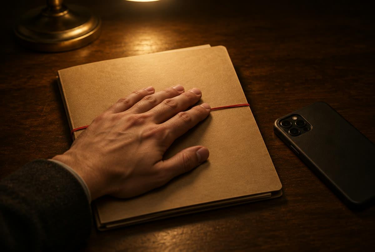 Una carpeta de cartón cerrada con una banda elástica sobre un escritorio de madera de noche, con una mano apoyada encima y un celular boca abajo al lado