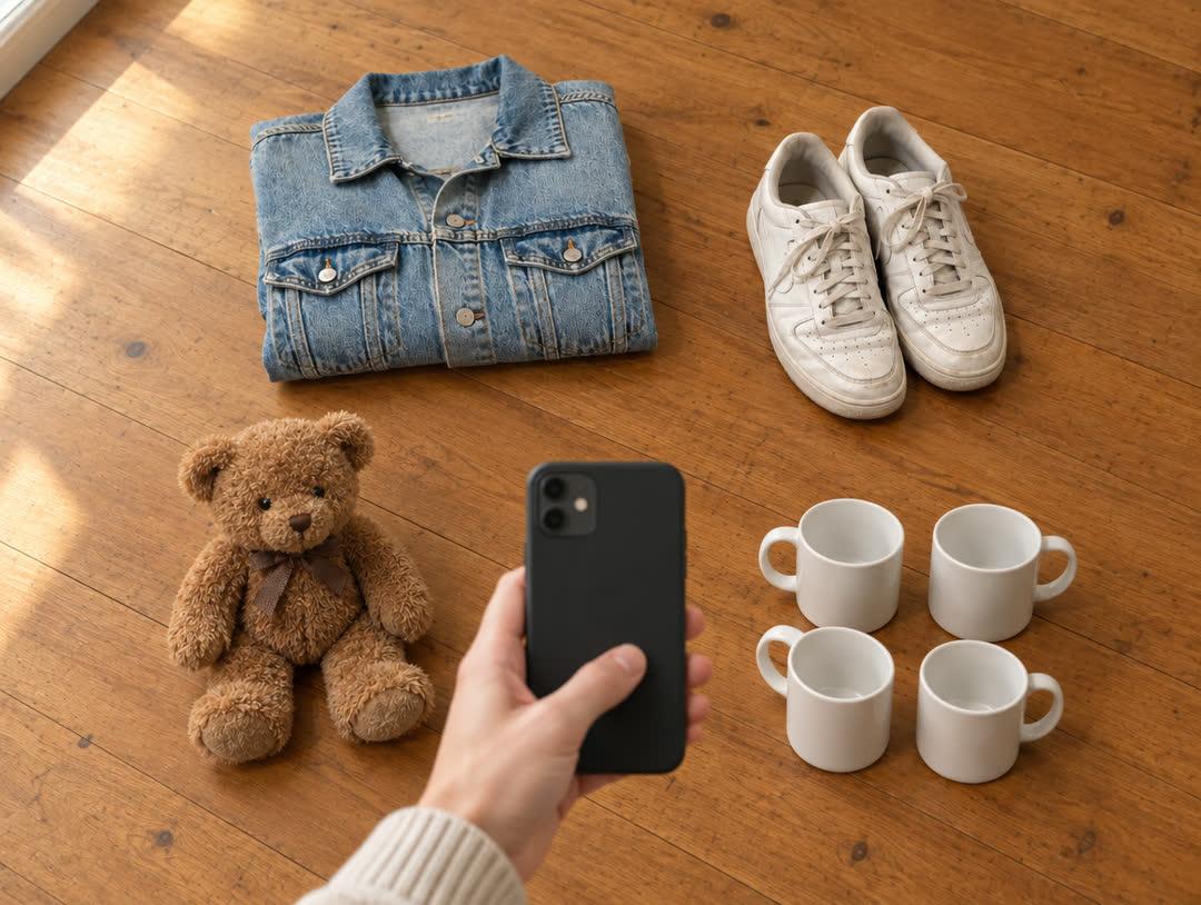 Una mano sostiene un celular sobre una campera de jean, unas zapatillas blancas, un osito de peluche y cuatro tazas acomodados en un piso de madera con luz de ventana