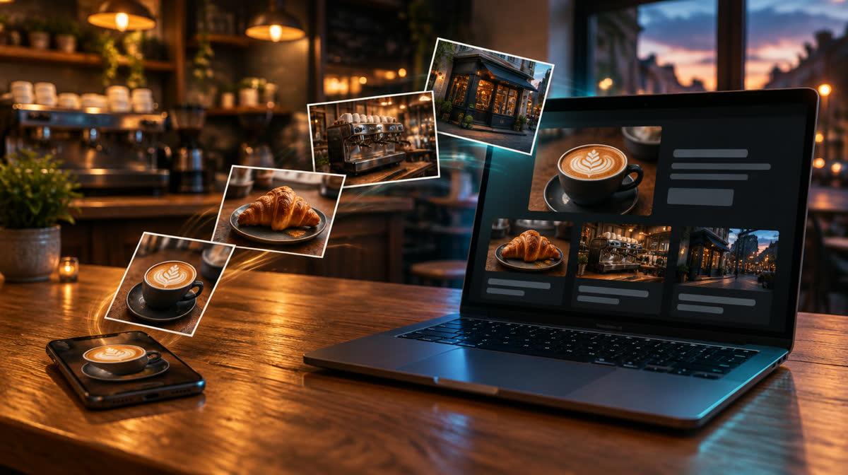 Fotos de una cafetería (un café con arte latte, una medialuna, la máquina de espresso y la fachada) que salen de un celular y se acomodan en el diseño de un sitio web en la pantalla de una notebook