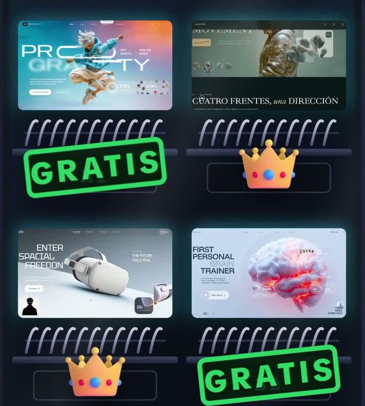Cuatro sitios de la galería en una máquina expendedora: Progravity y Brain Trainer con un sello verde de "Gratis", Capitol y Lentes Pro con una corona