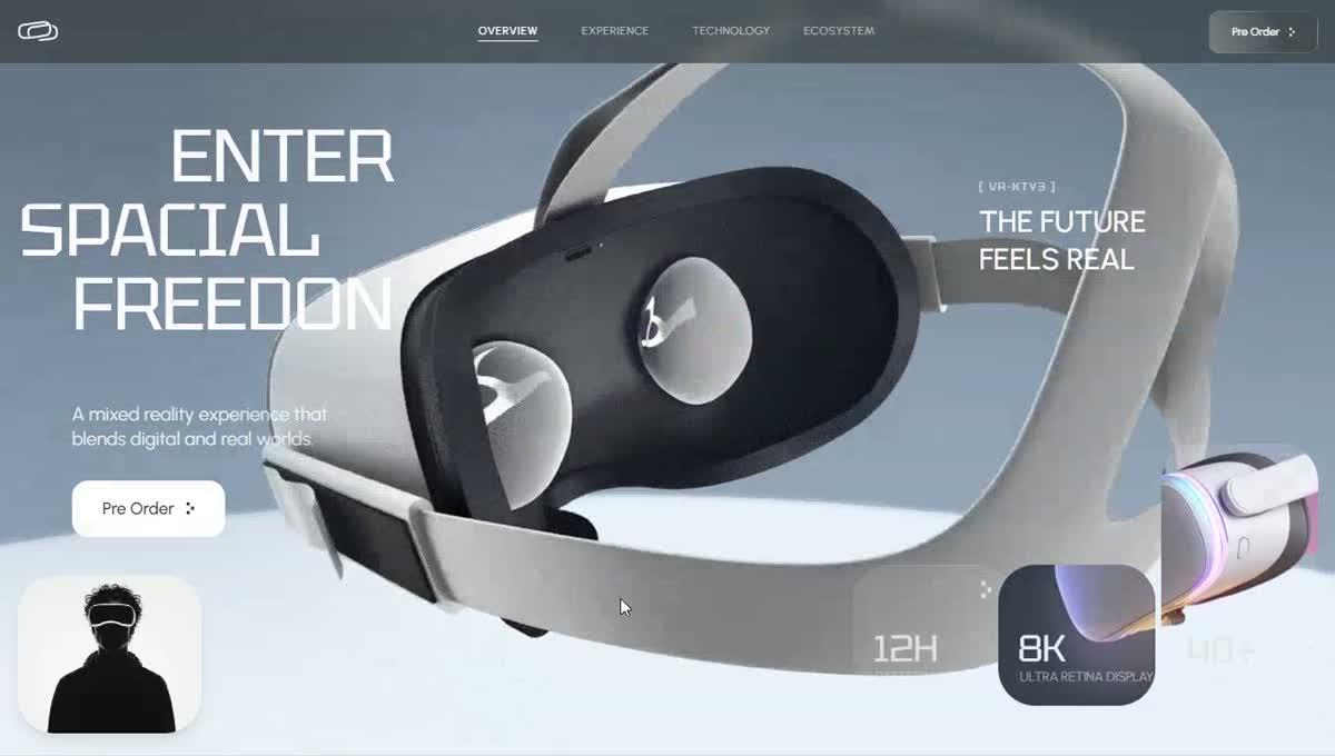 Portada del sitio Lentes Pro: unos lentes de realidad virtual blancos sobre fondo celeste, con un título grande en inglés y un botón de preventa