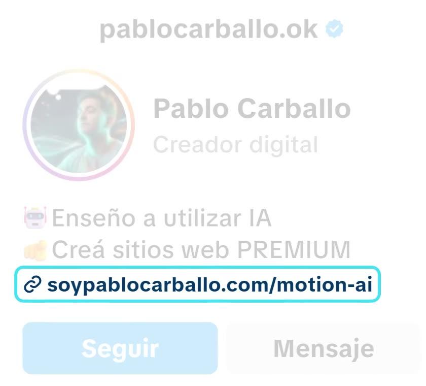 El perfil de Instagram pablocarballo.ok con el link soypablocarballo.com/motion-ai resaltado debajo de la bio