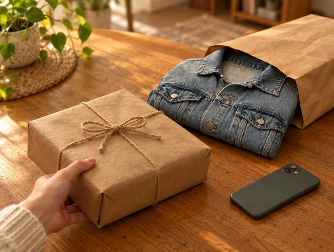 Una mano agarra un paquete envuelto en papel madera con un moño de hilo sobre una mesa de madera, al lado de una campera de jean metida en una bolsa de papel y un celular boca abajo