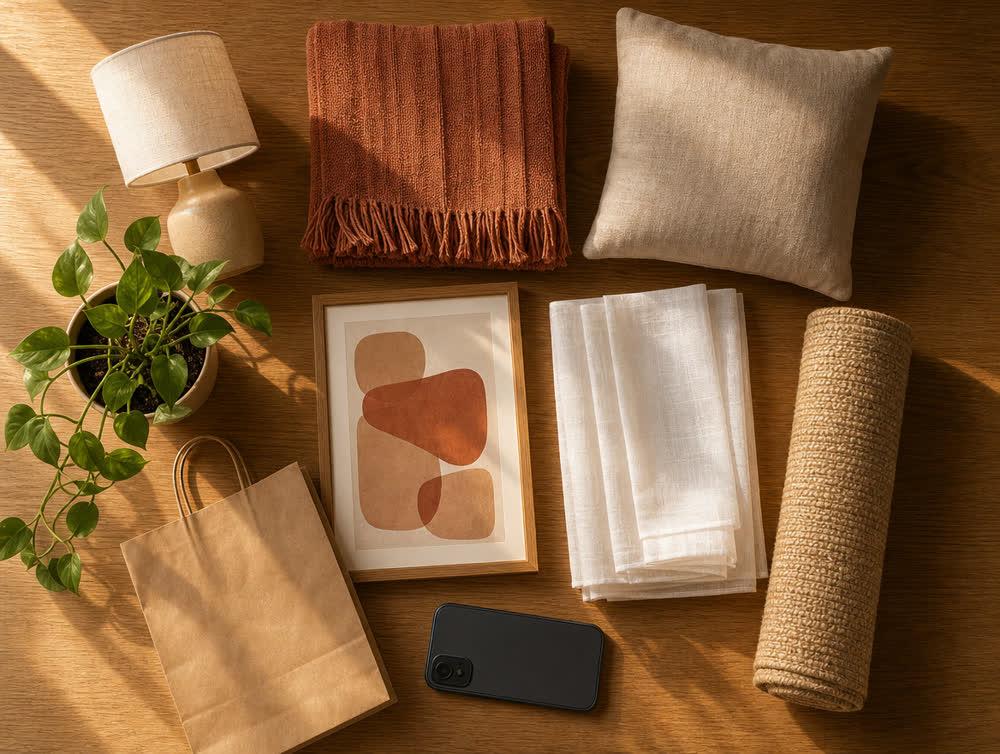 Sobre una mesa de madera con luz de tarde, las cosas para decorar un dormitorio: una lámpara de cerámica, una manta terracota, un almohadón de lino, un cuadro abstracto, cortinas blancas dobladas, una alfombra de yute enrollada, una planta, una bolsa de papel y un celular boca abajo