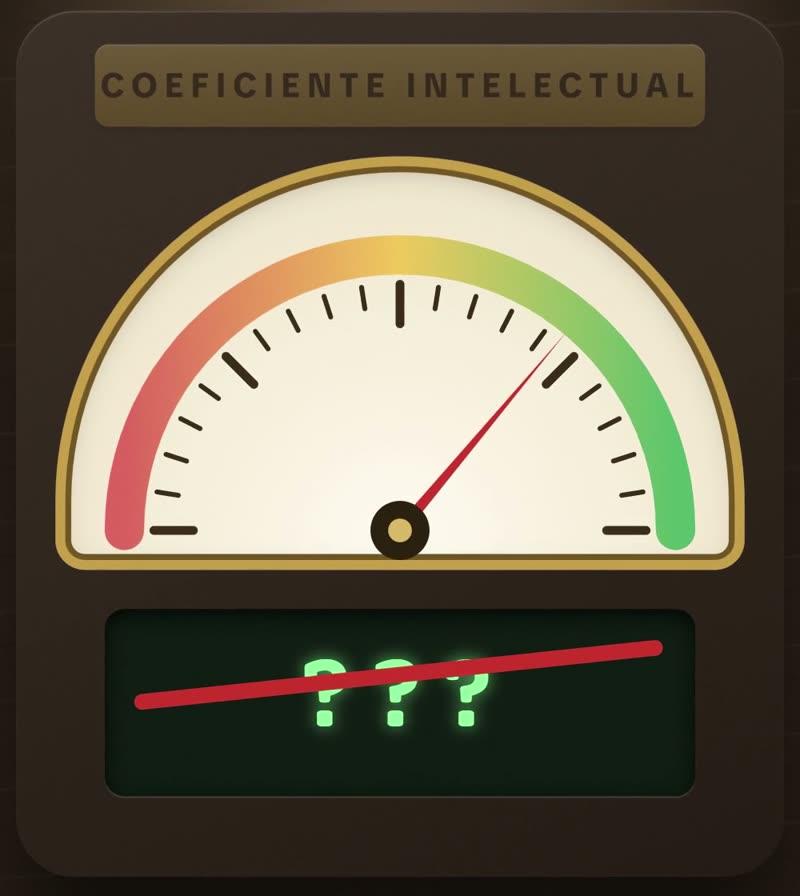 Un medidor de latón con la placa Coeficiente intelectual, la aguja hacia la zona verde y la pantalla con tres signos de pregunta tachados con una línea roja