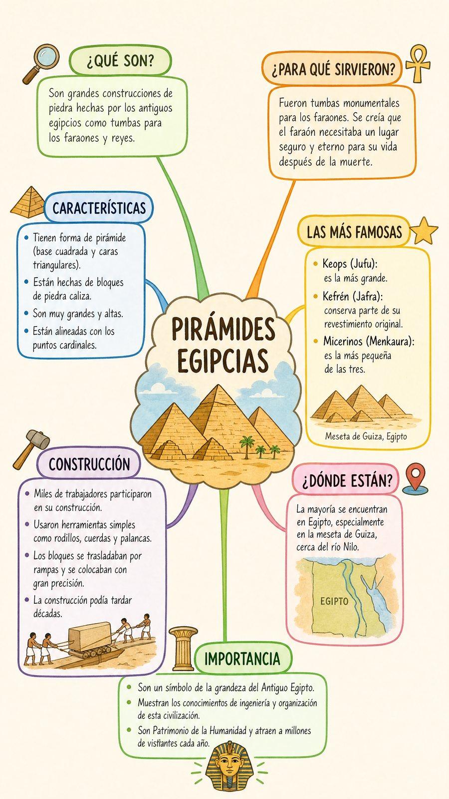 Mapa mental ilustrado con Pirámides egipcias en el centro y siete ramas: qué son, para qué sirvieron, características, las más famosas, construcción, dónde están e importancia