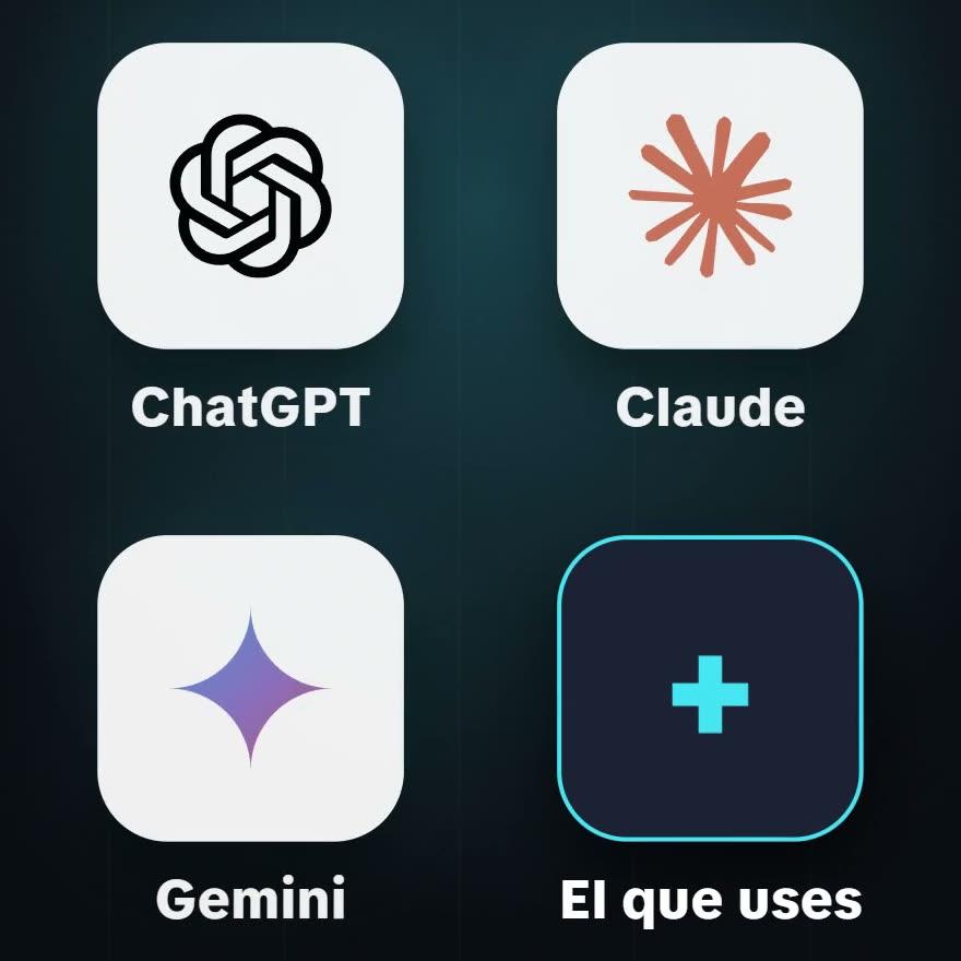 Los íconos de ChatGPT, Claude y Gemini, y un cuarto con un signo más que dice "El que uses"