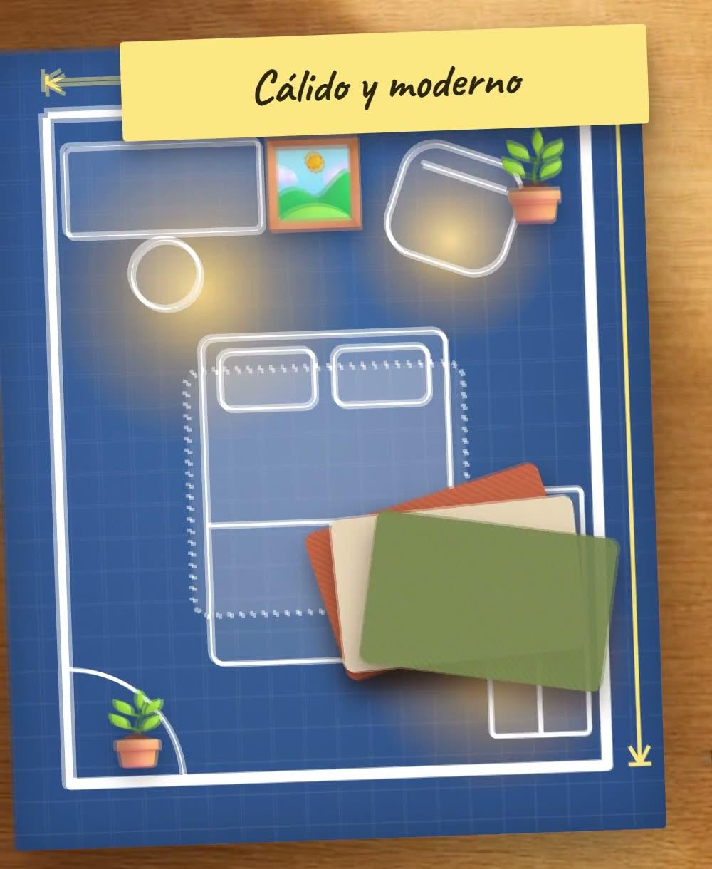 El plano azul de un dormitorio visto desde arriba, con la cama, el placard, el escritorio, luces encendidas, plantas, un cuadro y muestras de tela terracota, arena y oliva, debajo de una nota amarilla que dice Cálido y moderno