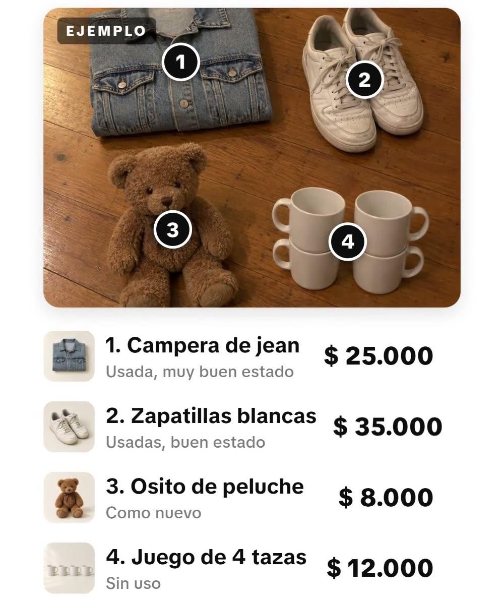 Ejemplo recreado: la foto de una campera de jean, unas zapatillas, un osito y cuatro tazas con un número sobre cada cosa, y abajo la lista con un precio en pesos para cada una