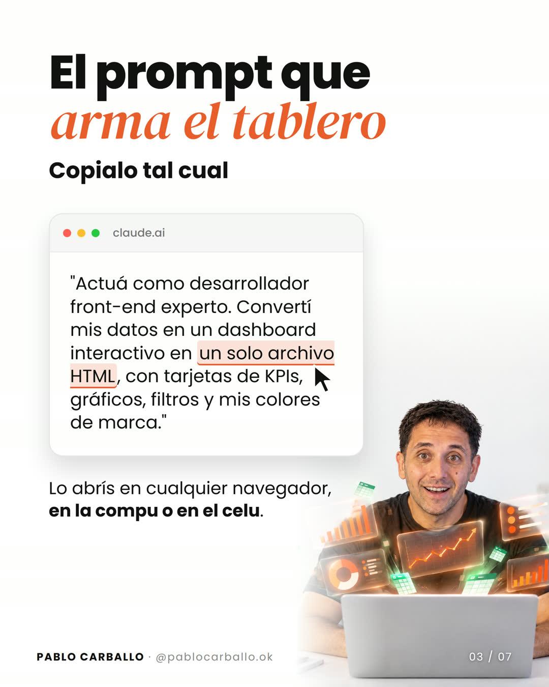 Slide del carrusel: "El prompt que arma el tablero, copialo tal cual", con el prompt en una ventana de claude.ai y "un solo archivo HTML" resaltado; abajo, Pablo frente a una laptop con gráficos flotando