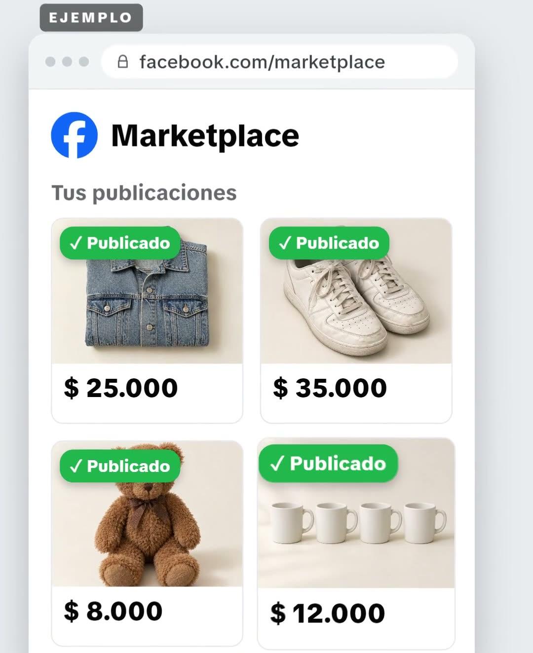 Ejemplo recreado: una ventana de navegador en facebook.com/marketplace con la sección Tus publicaciones y cuatro artículos marcados como publicados, cada uno con su precio