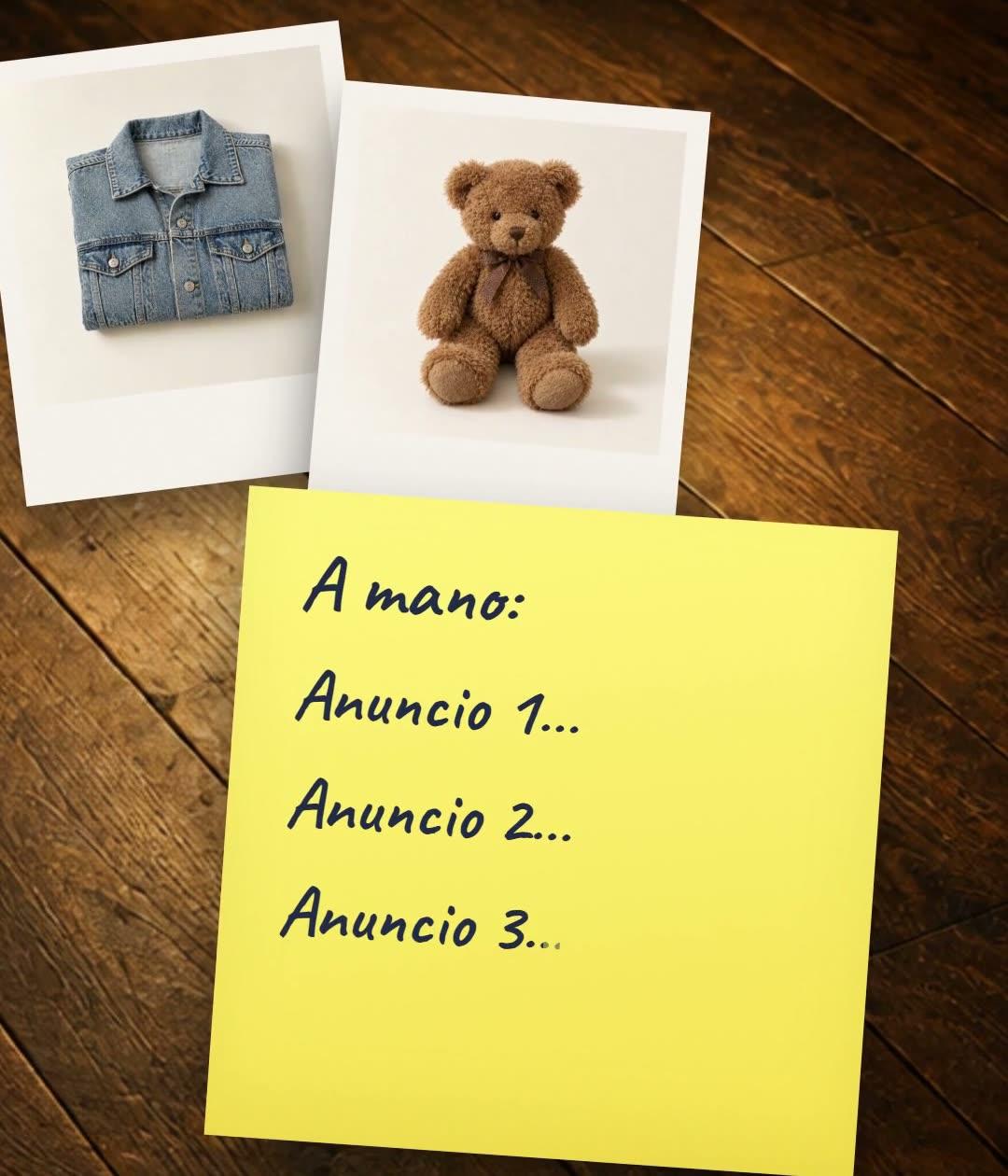 Dos fotos impresas de una campera de jean y un osito de peluche sobre un piso de madera, junto a una nota amarilla que dice A mano: anuncio 1, anuncio 2, anuncio 3