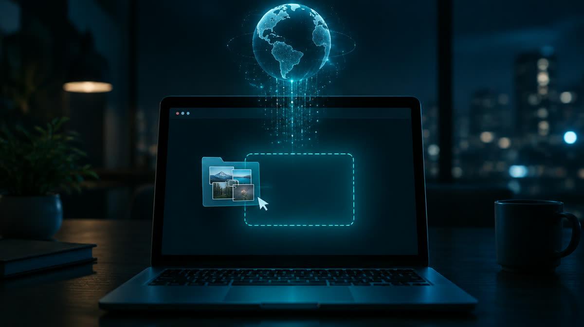 Una notebook de noche con una carpeta de fotos que se arrastra a un recuadro punteado en la pantalla, y arriba un globo terráqueo de luz