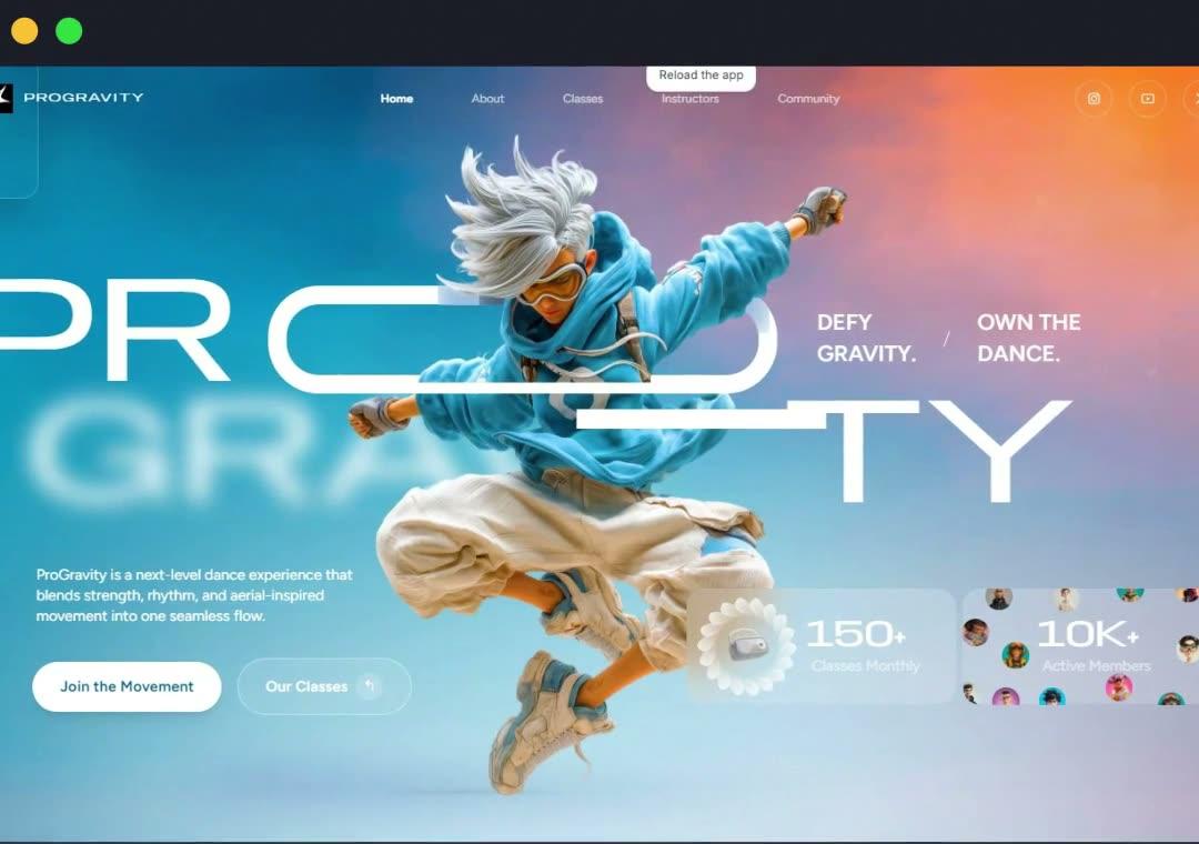 El sitio Progravity funcionando en una ventana del navegador: un bailarín de pelo blanco y buzo celeste saltando sobre un fondo degradado, con el título grande y dos botones