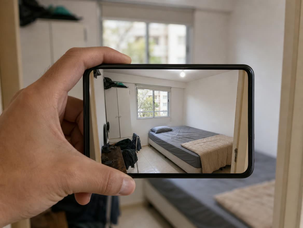 Una mano sostiene un celular en horizontal desde la puerta de un dormitorio simple y le saca una foto: en la pantalla se ve el cuarto entero, con la cama, el placard y la ventana