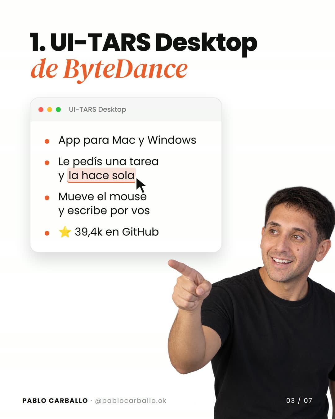 Slide del carrusel: "1. UI-TARS Desktop de ByteDance", con una ventana que dice "App para Mac y Windows", "Le pedís una tarea y la hace sola", "Mueve el mouse y escribe por vos" y "39,4k en GitHub"; Pablo señala la ventana