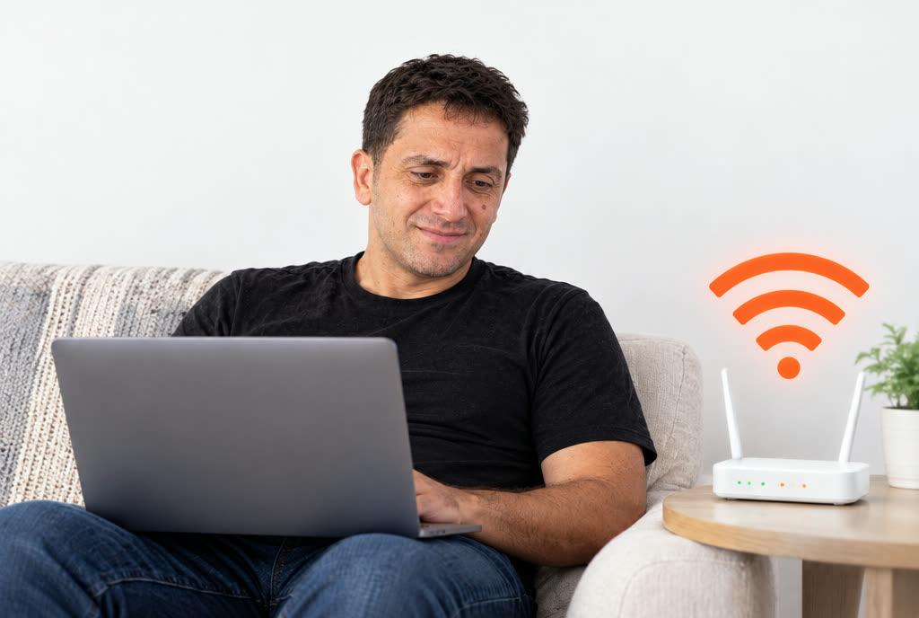 Pablo relajado en el sillón con la notebook, sonriendo, y al lado el router con las ondas de WiFi naranjas enteras